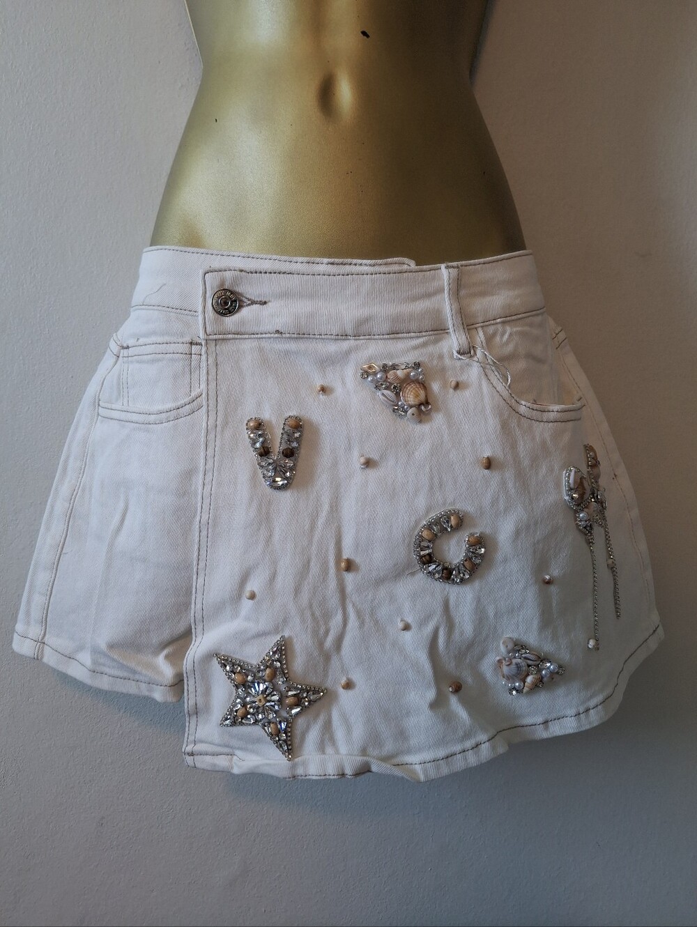 Embellished White Women's Denim Skorts